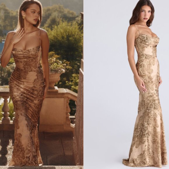 HOUSE OF CB 'Nalani' Gold Patterned Satin Maxi Dress- LIMITED EDITION NWOT - Picture 2 of 5